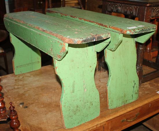 Pair of green painted pine benches